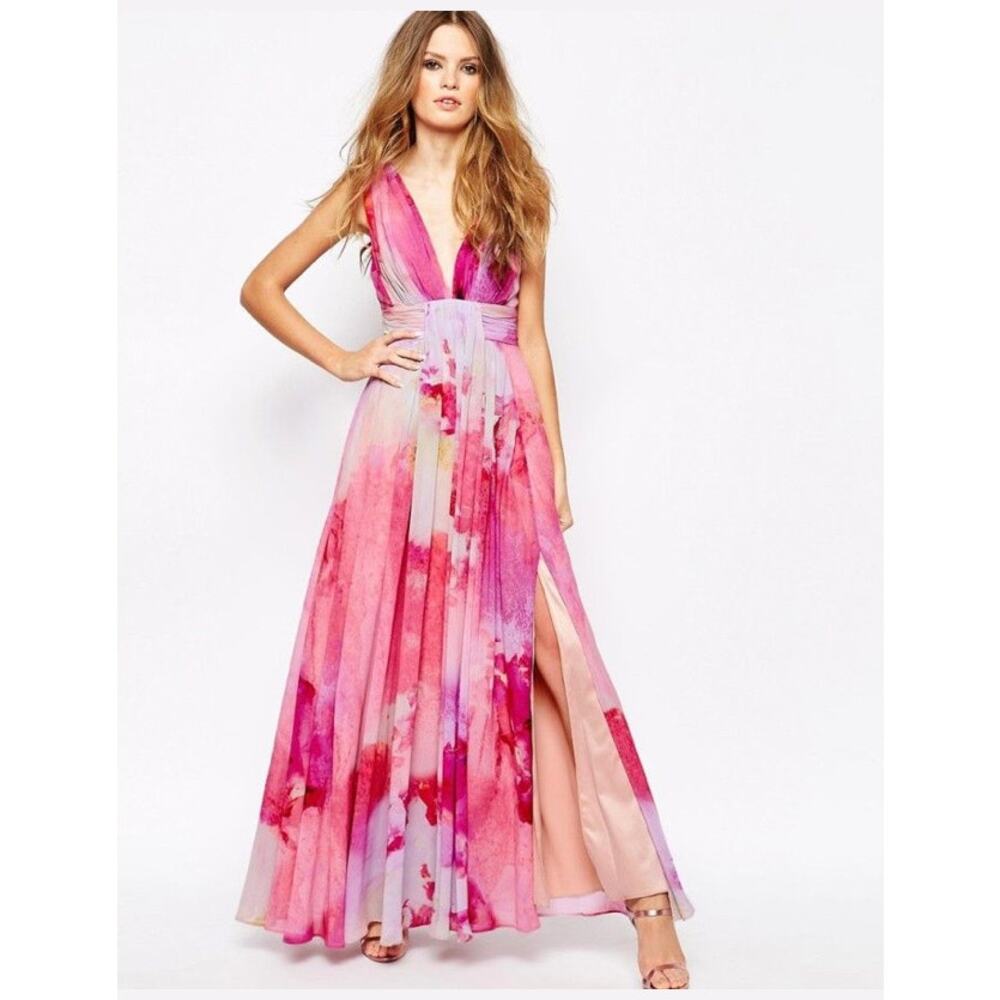 Fame and Partners Valencia Watercolor Floral Maxi Dress Split Empire Chiffon 6